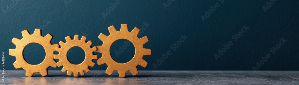 Poster three golden gears arranged artistically on a sleek surface, symbolizing teamwork and mechanical eng