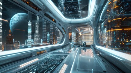 Futuristic Space Station Interior with Cityscape