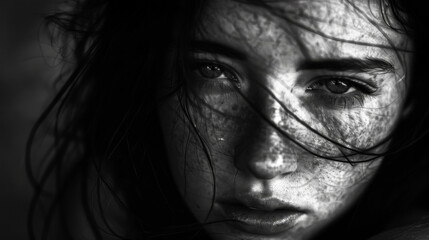 Fototapeta premium Close-up of a beautiful woman with flowing hair on a plain background. Black and white photography. Beauty concept. Lifestyle.
