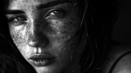 Fototapeta premium Close-up of a beautiful woman with flowing hair on a plain background. Black and white photography. Beauty concept. Lifestyle.