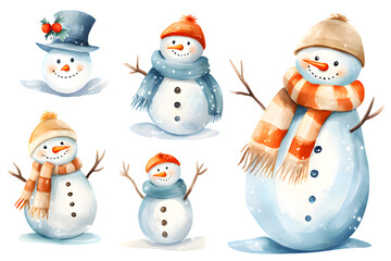 Snowman cute cartoon watercolor Illustration collection isolated on transparent background. Cheerful snowmen in different costumes. Winter holidays set
