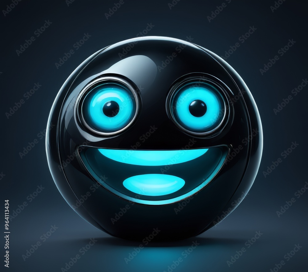 Poster a happy digital sphere with bright glowing eyes, set against a dark background. the image presents a