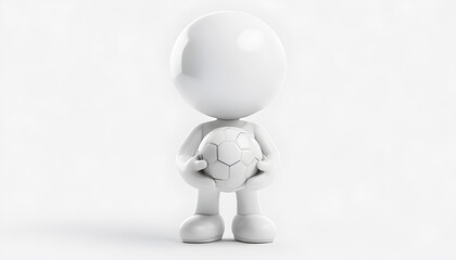 Fototapeta premium A detailed 3D rendering of a cartoonish white glossy humanoid character holding a soccer ball, standing in a minimalist environment, showcasing simplicity and modern design.