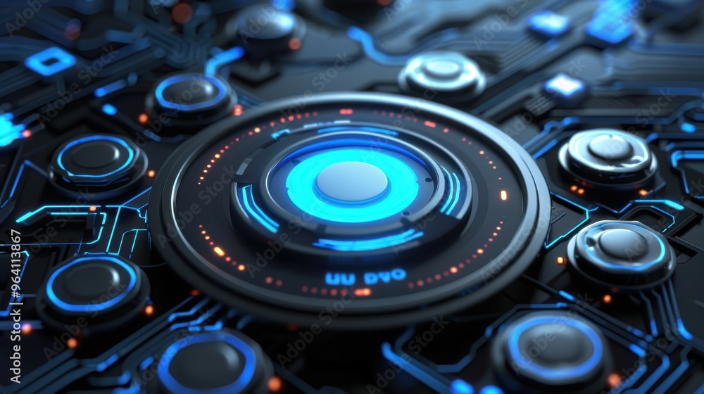 Poster futuristic interface with glowing buttons and a central illuminated panel, suggestive of advanced te