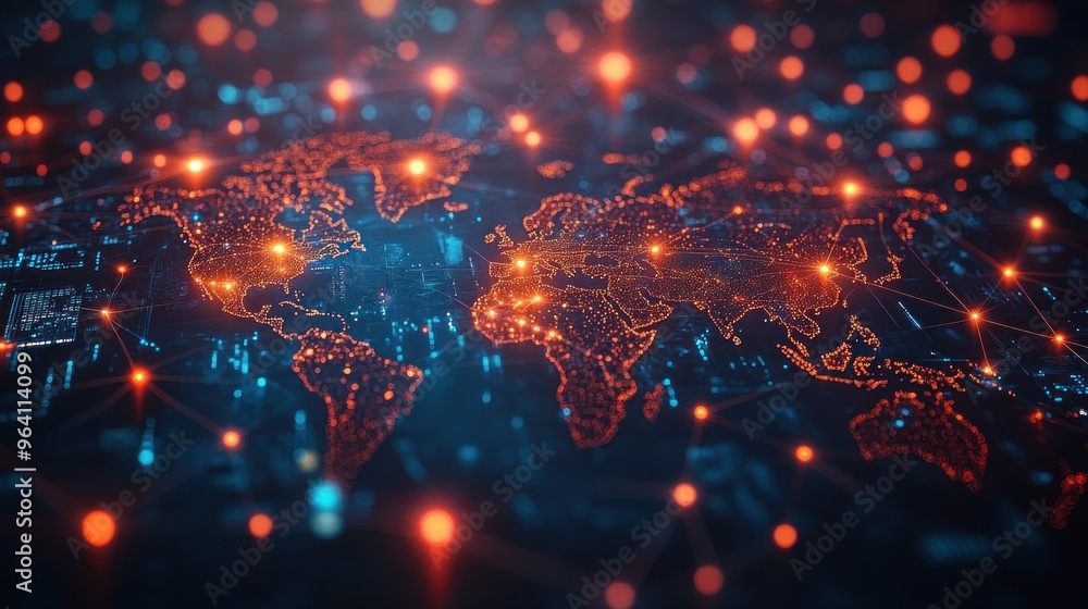 Poster digital representation of a world map with glowing connections.