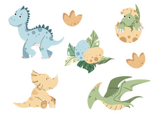 Set of cute cartoon dinosaurs on white background. Collection of children s illustrations of ancient lizards. Children s illustration for design of clothes, wallpapers, greeting cards, etc