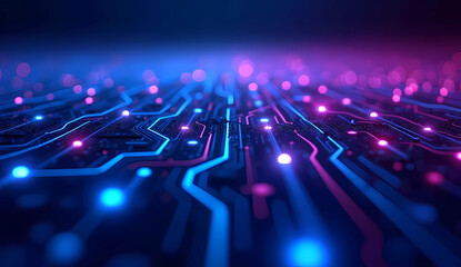Futuristic Digital Circuit Board with Neon Lights and Data Flow in Virtual Cyberspace