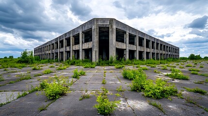 An abandoned concrete building enveloped by dense vegetation, nature reclaiming its space.