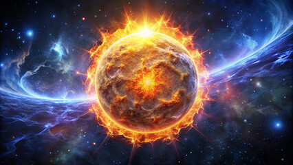 Obraz premium A celestial body radiates intense heat and light, creating a stunning visual effect in the vastness of space, flanked by colorful galaxies and nebulae