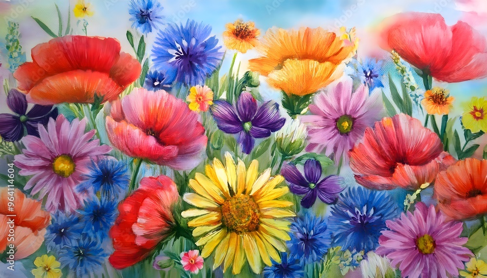 Wall mural watercolor pattern of colorful summer flowers, impressionism hand painted painting