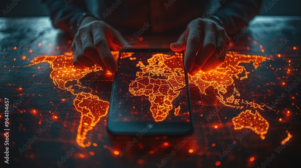 Aufkleber hands interacting with a glowing world map on a smartphone screen.