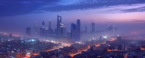 Obraz premium A Cityscape of Skyscrapers in Riyadh, Saudi Arabia, Under a Purple Sky
