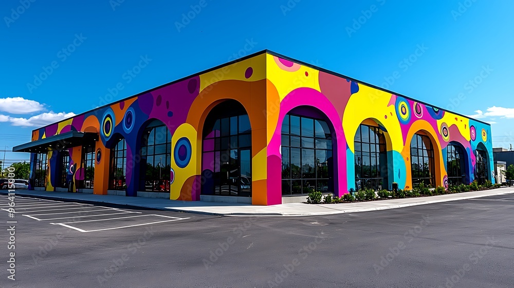 Poster a colorful modern building with arches adorned with an abstract mural, adding artistic flair to the 