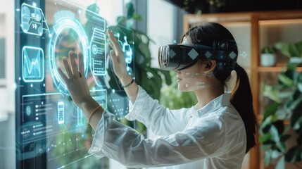 Woman Engages with Virtual Reality Interface