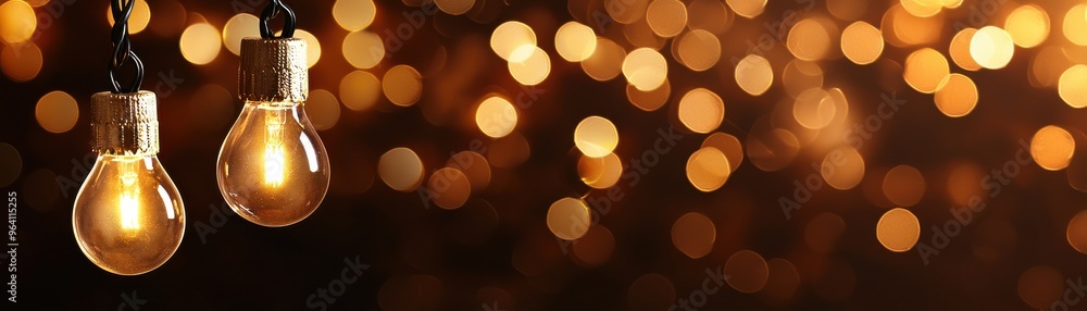 Poster two vintage light bulbs glowing with warm light against a backdrop of shimmering bokeh, creating a c