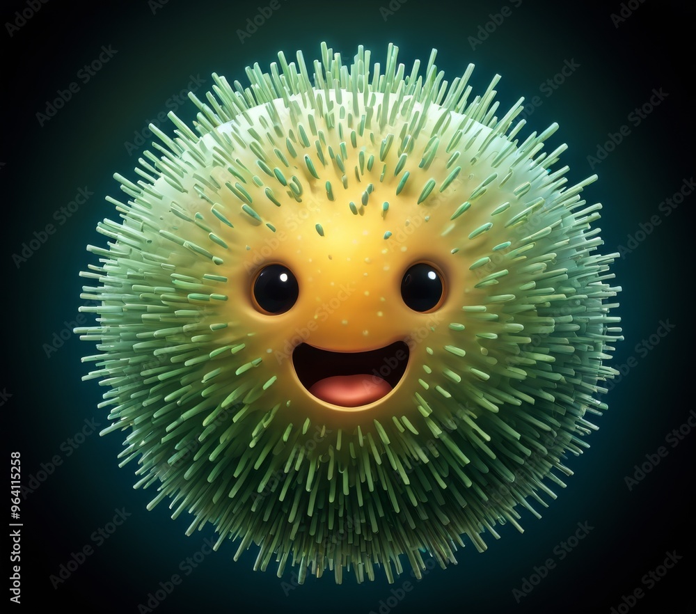 Poster a delightful image of a round, yellow character with a cheerful expression, covered in green spikes.