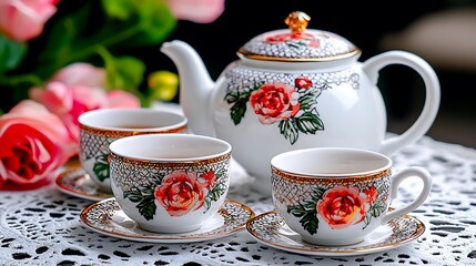 Floral teacups and a matching teapot rest on a lace tablecloth, inviting a serene tea moment.