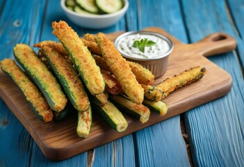 Breaded Zucchini Sticks with Cucumbers and White Dip on Blue Wooden Background