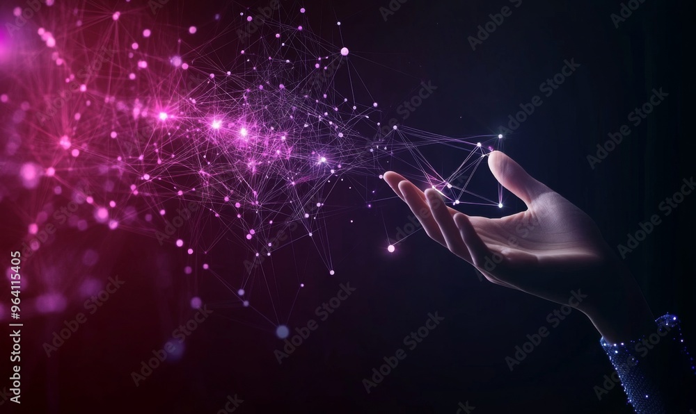 Poster hand reaching towards abstract digital network symbolizing technology and business growth with purpl