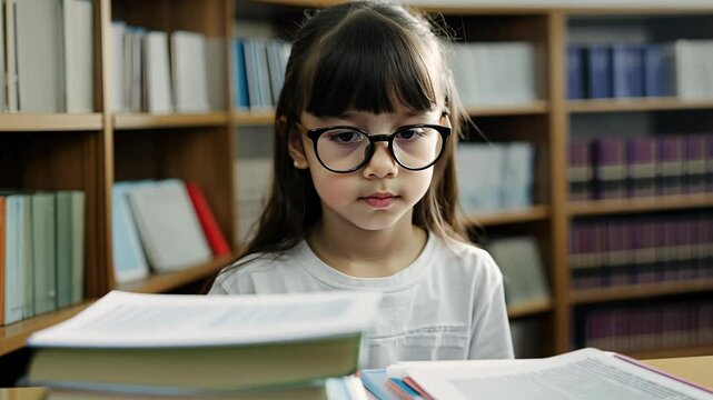 A teenage Asian girl, around 14 years old, is looking at the camera while shooting, standing on the library background and studying.