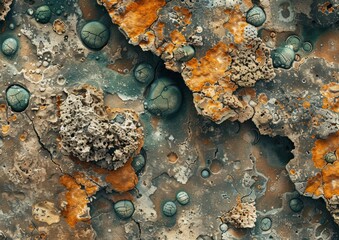 Weathered rock surface with orange and green lichen