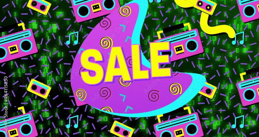 Poster animation of sale text over colourful shapes and radios over data processing on black background