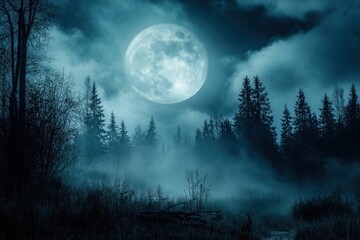 Fototapeta premium Mystical full moon foggy at night
