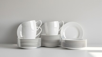 Fototapeta premium A stack of white plates and cups on a table 