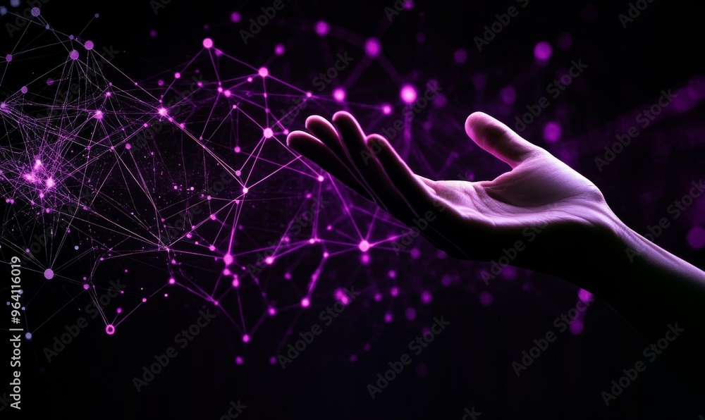 Poster hand reaching towards abstract digital network symbolizing technology and business growth with purpl