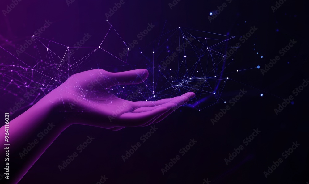 Poster hand reaching towards abstract digital network symbolizing technology and business growth with purpl