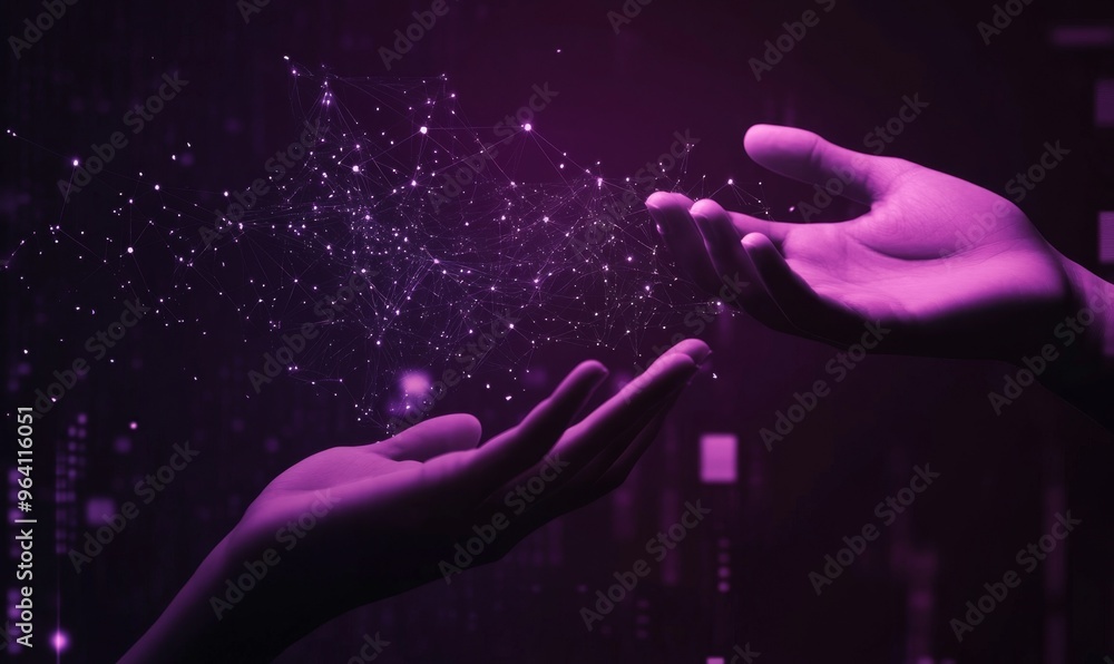 Poster hand reaching towards abstract digital network symbolizing technology and business growth with purpl