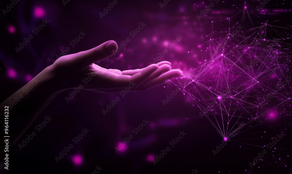 Poster hand reaching towards abstract digital network symbolizing technology and business growth with purpl