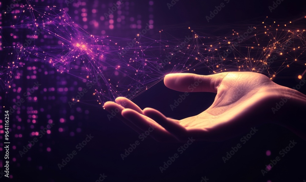 Poster hand reaching towards abstract digital network symbolizing technology and business growth with purpl