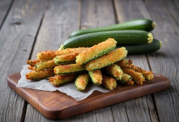 Crispy Breaded Zucchini Sticks on Wooden Board with Rustic Background