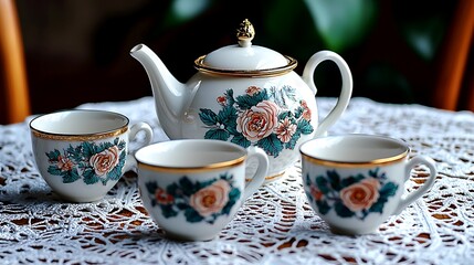 Fototapeta premium A delicate floral tea set arranged on a white lace doily, evoking timeless elegance.