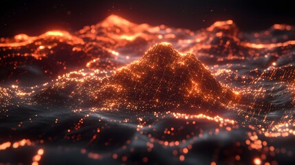 Glowing Abstract Landscape with Mountains and Bokeh Lights