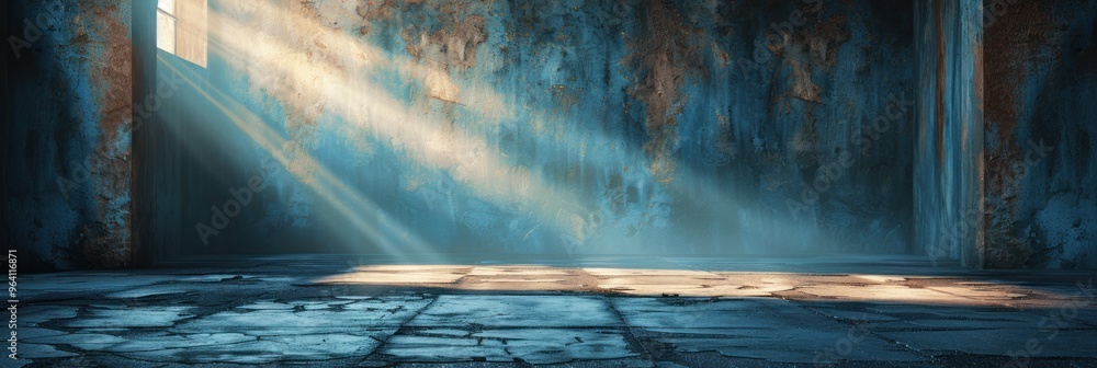 Poster sunlight beams through a window in a dilapidated building