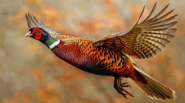 Colorful pheasant flies against orange and brown backdrop