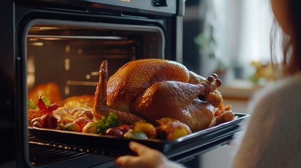 A lady is removing a succulent baked turkey from the oven. Thanksgiving Day events