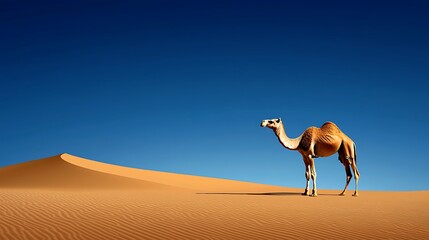 A lone camel poised on a sunlit desert dune beneath a brilliant blue sky.