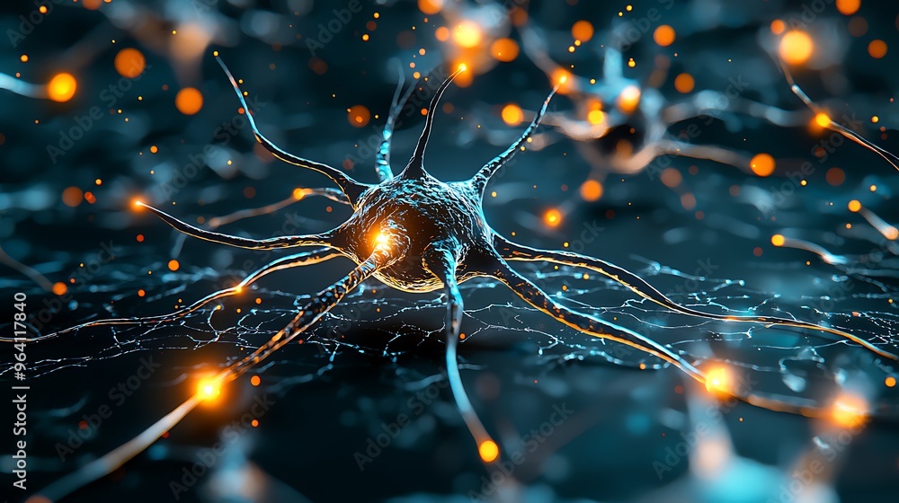 Poster a 3d rendering of a neuron cell, blending science, medical, and technology concepts.