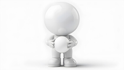 Fototapeta premium A 3D rendering of a cartoonish white glossy humanoid character holding a volleyball, positioned in a minimalist environment, showcasing simplicity and modern design.