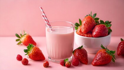 strawberry milk and berries on a pink background; creative concept