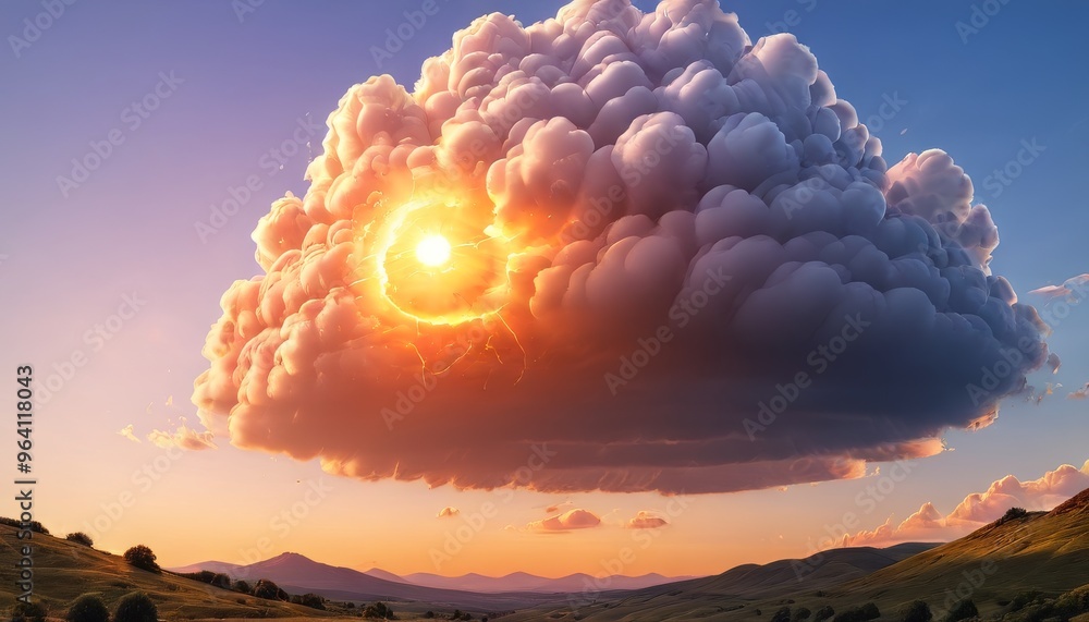 Poster surreal image of a large cloud with a glowing sun and lightning emerging from it, hovering over a se
