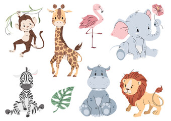 Set of cute African animals on white background. Cartoon little animals in flat style. Safari collection. Vector children's illustration for clothes, fabric, greeting cards, stickers, etc.