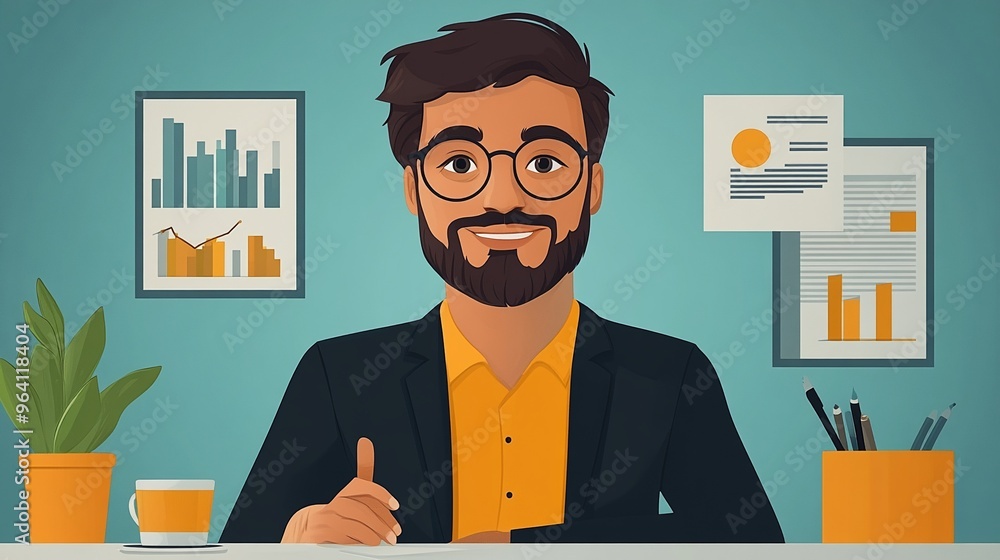 Poster business professional smiling in an office setting with graphs and plants on the desk