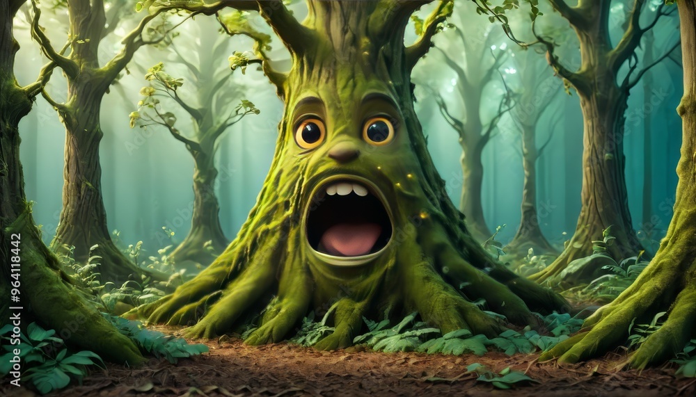 Poster a whimsical talking tree with a surprised expression stands in an enchanted forest, surrounded by lu