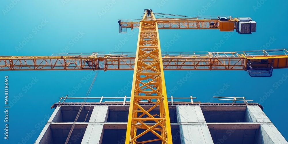 Poster a construction crane is actively working above a large building structure