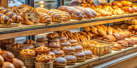 Assorted fresh pastries and bread on a tray in a bakery window display