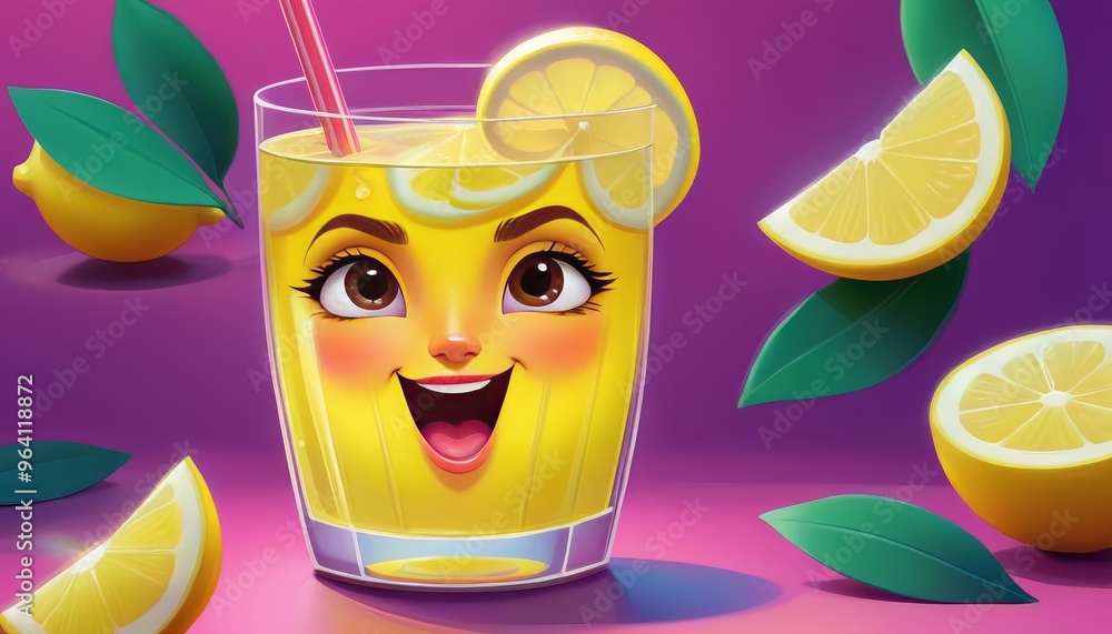 Poster a cheerful glass of lemonade with an animated face, surrounded by fresh lemon slices and green leave